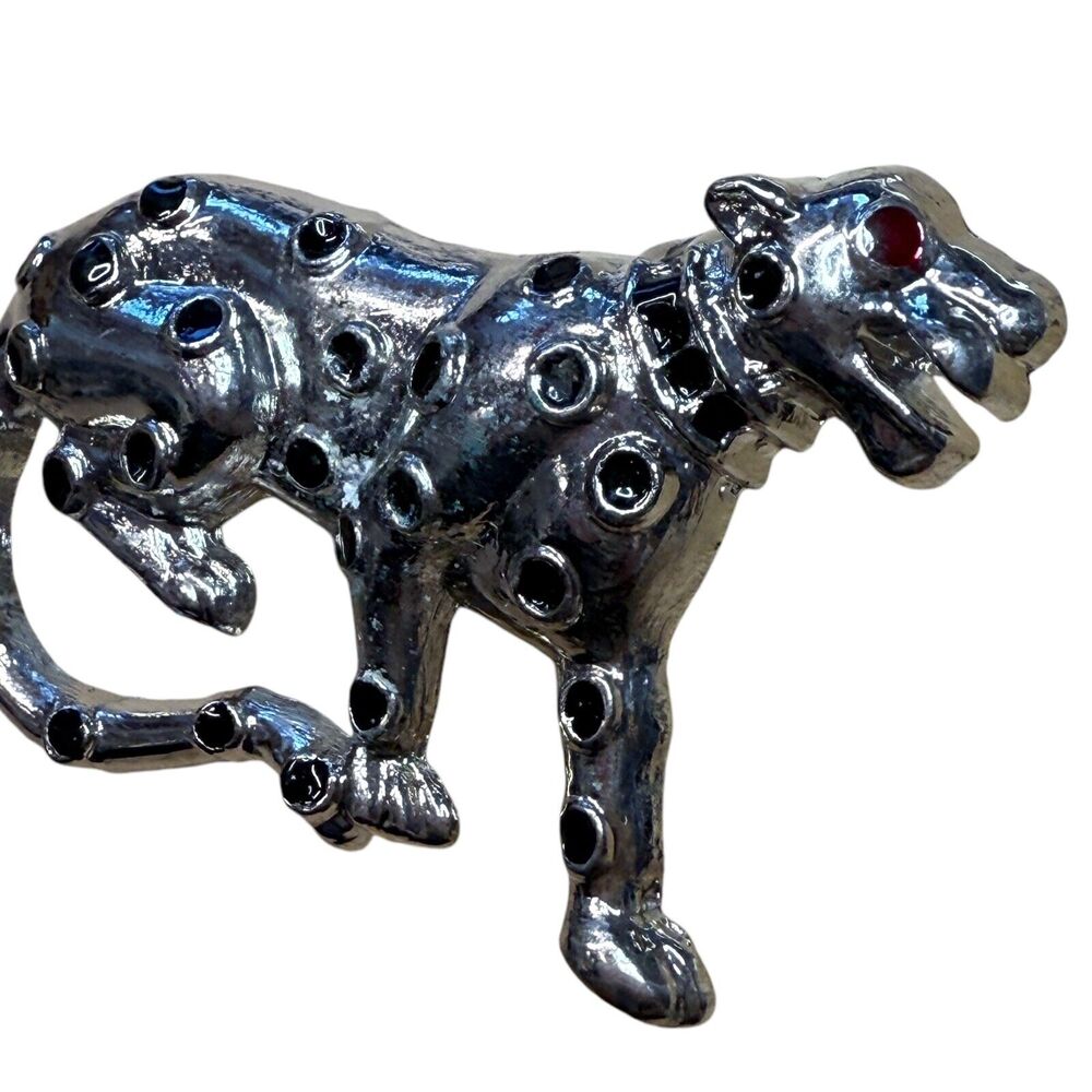 Vintage Silver Tone Panther Black‎ Enamel Spots Brooch with Red Eye Accent